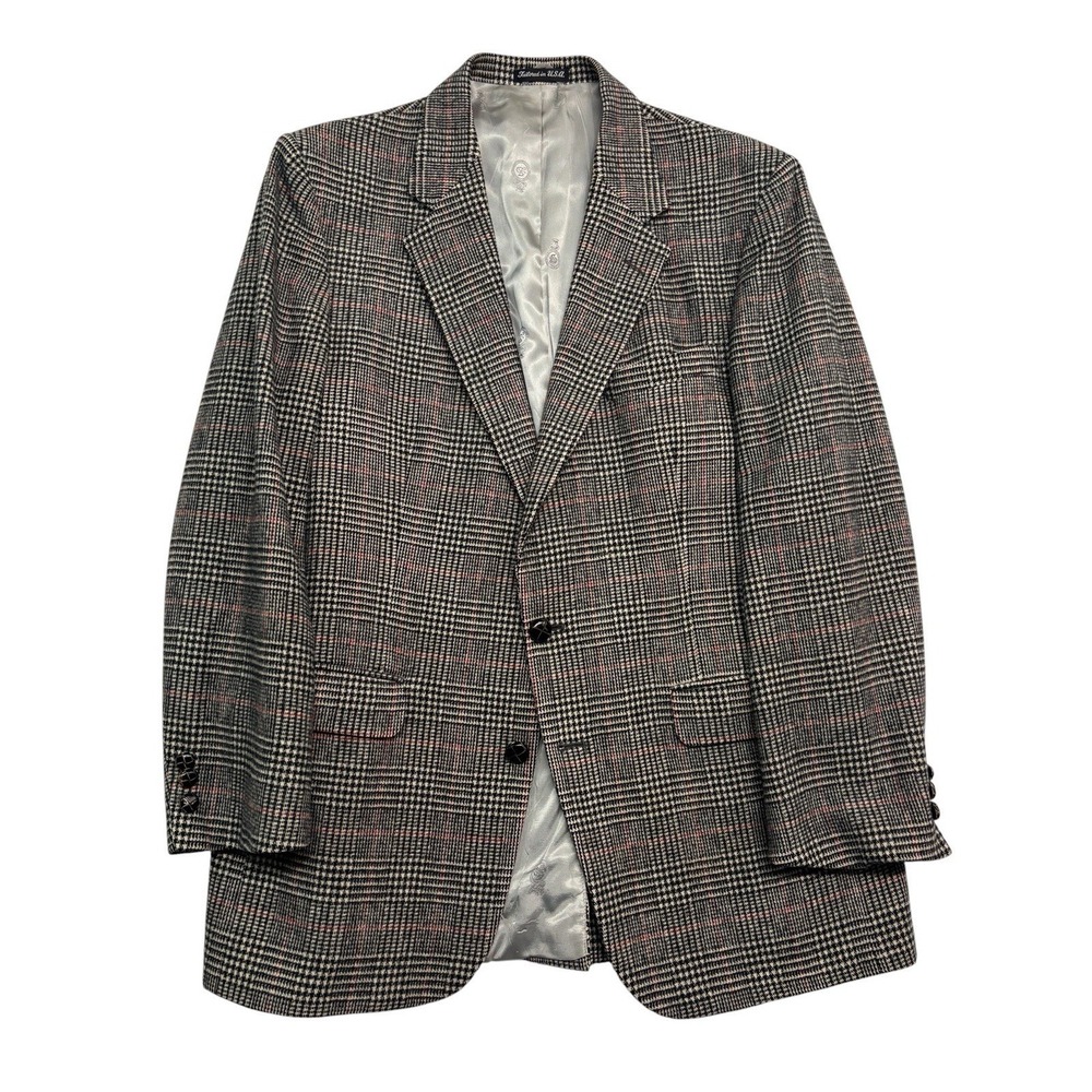 vtg Stafford 42R Black White Red Glen Plaid Tweed Blazer Jacket Sport Coat USA